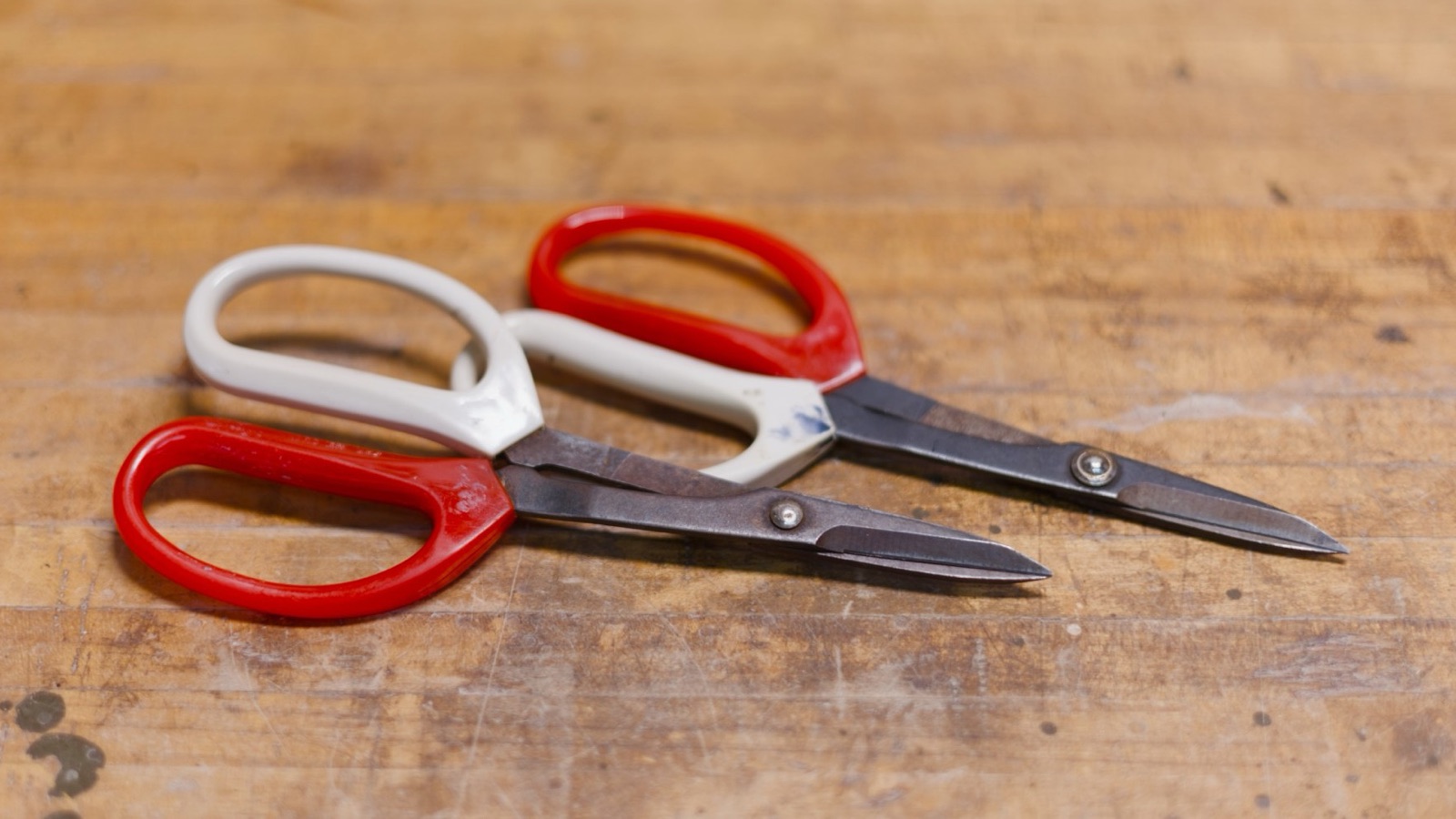 Two pairs of basket weaving snips with red and white handles